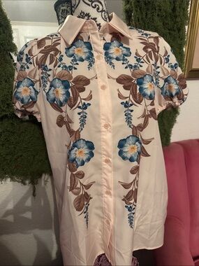 Cream Floral Button-Up Blouse with Blue & Brown Print
